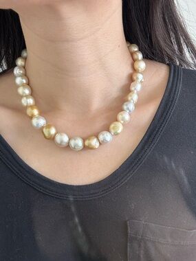 New Natural South Sea Baroque Pearl Statement Necklace with Golden and Ivory